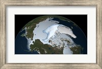 Framed Planet Earth showing sea ice coverage in 2012