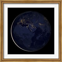 Framed Full Earth Showing City Lights of Africa, Europe, and the Middle East