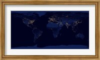 Framed Flat Map of Earth Showing City Lights of the World at Night