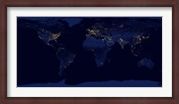 Framed Flat Map of Earth Showing City Lights of the World at Night