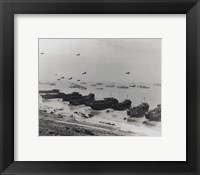 Framed Barrage balloons and shipping at Omaha Beach during the Allied amphibious assault