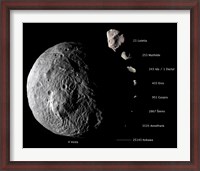 Framed Digital Composite Showing the Comparative Sizes of Nine Asteroids