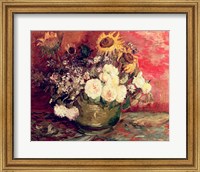 Framed Sunflowers, Roses and other Flowers in a Bowl, 1886