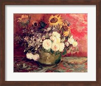 Framed Sunflowers, Roses and other Flowers in a Bowl, 1886