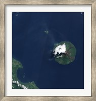 Framed Papua New Guinea's Manam Volcano releases a thin, Faint Plume over the Bismarch Sea