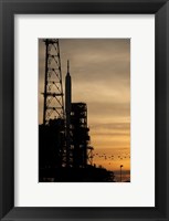 Framed Ares I-X rocket is seen on the Launch Pad