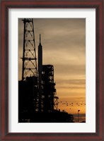 Framed Ares I-X rocket is seen on the Launch Pad