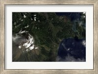 Framed Satellite view of Mayon Volcano Emitting a Thin Volcanic Plume