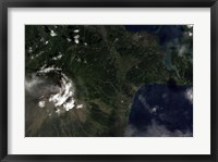 Framed Satellite view of Mayon Volcano Emitting a Thin Volcanic Plume