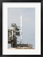 Framed Ares I-X rocket is seen on the Launch pad at Kennedy Space Center