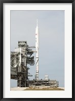 Framed Ares I-X rocket is seen on the Launch pad at Kennedy Space Center