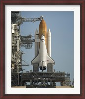 Framed Space Shuttle Discovery Sits Ready on the Launch Pad at Kennedy Space Center