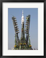 Framed Launch Scaffolding is Raised into place around the Soyuz Rocket