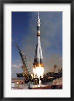 Framed Soyuz TMA-13 Spacecraft Launches from the Baikonur Cosmodrome in Kazakhstan