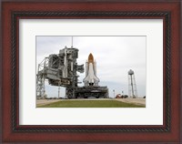 Framed Space Shuttle Atlantis comes to a Stop on the Top of Launch Pad 39A at Kennedy Space Center