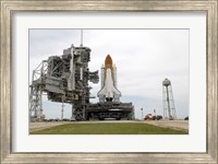 Framed Space Shuttle Atlantis comes to a Stop on the Top of Launch Pad 39A at Kennedy Space Center