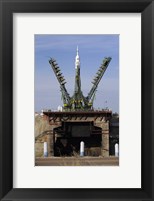 Framed Soyuz TMA-13 spacecraft Arrives at the Launch Pad at the Baikonur Cosmodrome in Kazakhstan