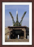 Framed Soyuz TMA-13 spacecraft Arrives at the Launch Pad at the Baikonur Cosmodrome in Kazakhstan