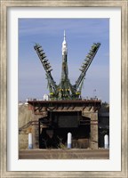 Framed Soyuz TMA-13 spacecraft Arrives at the Launch Pad at the Baikonur Cosmodrome in Kazakhstan