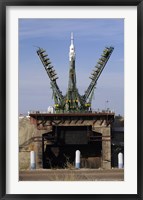 Framed Soyuz TMA-13 spacecraft Arrives at the Launch Pad at the Baikonur Cosmodrome in Kazakhstan