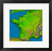 Framed Topographic Image of France Showing Shaded Relief and Colored Height
