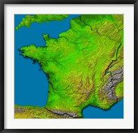 Framed Topographic Image of France Showing Shaded Relief and Colored Height