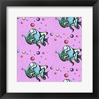 Framed Teal Fish And Bubbles - Pink