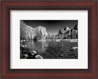 Framed California Yosemite Valley view from the bank of Merced River