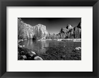 Framed California Yosemite Valley view from the bank of Merced River