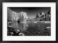 Framed California Yosemite Valley view from the bank of Merced River