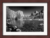 Framed California Yosemite Valley view from the bank of Merced River