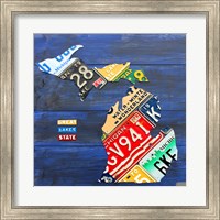 Framed Michigan Blue License Plate Map