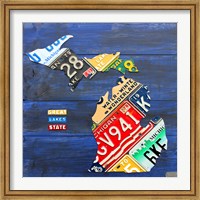 Framed Michigan Blue License Plate Map