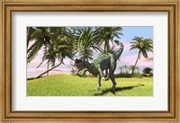Framed Dilophosaurus Hunting in a Field