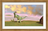 Framed Dilophosaurus Hunting in an Open Field