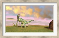 Framed Dilophosaurus Hunting in an Open Field