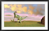 Framed Dilophosaurus Hunting in an Open Field