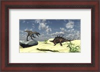 Framed Utahraptor and a Kentrosaurus