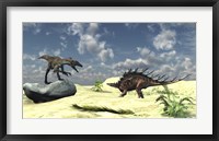 Framed Utahraptor and a Kentrosaurus