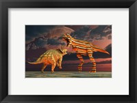 Framed Robotic T Rex & Triceratops Battle