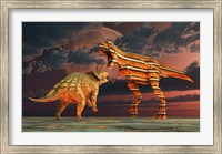 Framed Robotic T Rex & Triceratops Battle