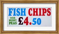 Framed Fish and Chips with Mushy Peas sign, England, United Kingdom