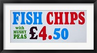 Framed Fish and Chips with Mushy Peas sign, England, United Kingdom