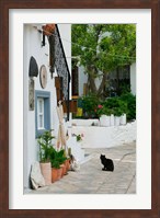 Framed Street View with Black Cat, Manolates, Samos, Aegean Islands, Greece