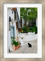 Framed Street View with Black Cat, Manolates, Samos, Aegean Islands, Greece