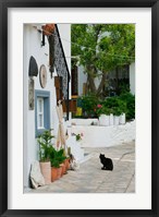 Framed Street View with Black Cat, Manolates, Samos, Aegean Islands, Greece