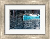 Framed Greece, Cyclades, Mykonos, Hora Blue Fishing Boat with Reflection