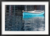 Framed Greece, Cyclades, Mykonos, Hora Blue Fishing Boat with Reflection