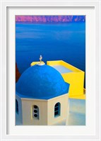 Framed Beautiful Church with Blue Roof, Oia, Santorini, Greece