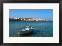 Framed Mykonos, Greece Boat off the island with view of the city behind